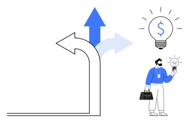 Elinde bir ampul tutan, yenilik ve çözümü temsil eden, ok izlerinin yanı sıra seçenekleri ve büyüme fırsatlarını gösteren bir kişi. Karar verme, liderlik, strateji ve yenilik için ideal