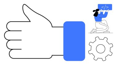 Diz çökmüş kod ve vitesli ekranı tutan bir yazılımcının yanında el hareketi. Takım çalışması, onay, kodlama, teknoloji geliştirme, verimlilik, işbirliği, basit iniş sayfası için ideal