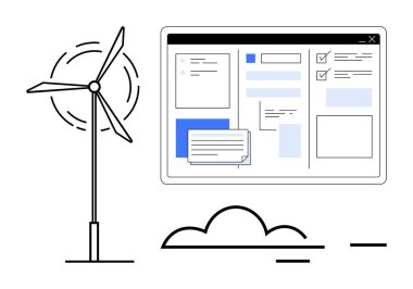 Analitik gösterge panelinin yanında görev ve veri düzeni olan rüzgar türbini. Enerji, sürdürülebilirlik, teknoloji, ilerleme, ekoloji, yenilik ve verimlilik kavramları için idealdir. Basit düz metafor