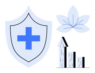 Tıbbi haçlı kalkan, yükselen bar tablosu ve sağlıklı çiçek sembolü. Sağlık, sağlık, sigorta, ilerleme, büyüme, güvenlik ve basit bir iniş sayfası için ideal