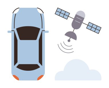 Mavi araba sinyal dalgalarıyla uyduya bağlanıyor. Navigasyon, veri iletimi ve bağlantıyı temsil ediyor. Teknoloji, seyahat, yenilik, GPS izleme, iletişim ulaşımı için ideal