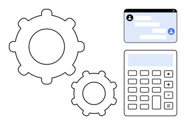 Büyük ve küçük vitesler, bir dijital hesap makinesi ve bir sohbet penceresi arayüzü. İşbirliği için ideal, üretkenlik, otomasyon, problem çözme, iletişim, teknoloji sade iniş sayfası