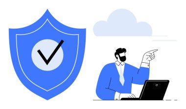 Masasında dizüstü bilgisayarı açık oturan, yukarı bakan, bulut sembolü ve güvenlik kalkanının yanındaki adam. Veri güvenliği, bulut güvenliği, siber güvenlik, bilişim çözümleri, güven ve uyum için ideal