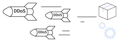 Üç DDoS işaretli füze güvenli bir kutuya doğru yaklaşıyor, siber saldırıları sembolize ediyor. Siber güvenlik, hackleme, savunma, risk yönetimi, İnternet güvenliği, bilişim güvenliği ve dijital tehditler için ideal