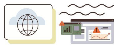 Küresel bulutlar, çizelgeler, uyarı işaretli tarayıcı pencereleri, dalga elementleri. Siber güvenlik, veri koruması, küresel bağlantı, ağ izleme, risk yönetimi web analizi dijital için ideal