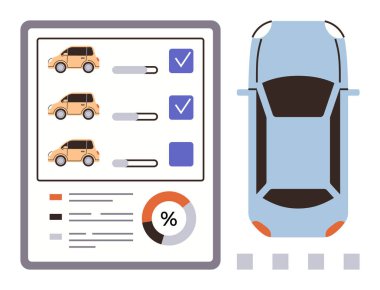 Araç karşılaştırma listesi özellikleri, bar çizelgesi ve turta grafiği ile mavi bir araba yanında. Otomotiv endüstrisi, karar verme, veri analizi, pazarlama, satış, araştırma için ideal