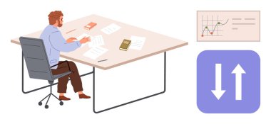 Çalışma masasında dosya ve verilerle çevrili kağıtları analiz eden bir işçi. Üretkenlik, analitik, kurumsal strateji, iş hayatı, araştırma ve ekonomik büyüme için ideal. Basit düz metafor