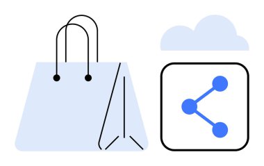 Bulutların altında paylaşım ikonu olan bir alışveriş torbası, çevrimiçi alışveriş, dijital paylaşım, e-ticaret, işbirliği, teknoloji, sürdürülebilirlik ve sanal iletişimi sembolize ediyor. Çevrimiçi için ideal