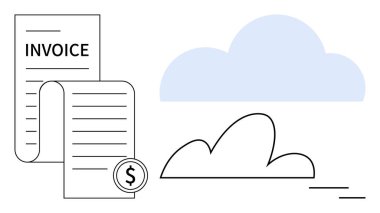 Dolar sembollü fatura belgesi ve bulut modern finansal araçları vurguluyor. Finans, muhasebe, iş, teknoloji, SaaS, dijital çözümler, çevrimiçi işlemler için ideal. Temiz
