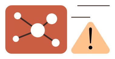Bir ağa bağlı veri düğümleri ve ünlem işaretli üçgen alarm işareti. Teknoloji, iletişim, sistem hatası, güvenlik, uyarı, risk analizi için ideal, basit düz metafor
