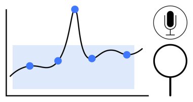 Veri noktaları, mikrofon ve büyüteç içeren çizgi grafiği trendleri, analizleri ve araştırmaları sembolize ediyor. Analiz, istatistik, iletişim, araştırma keşfi için ideal basit
