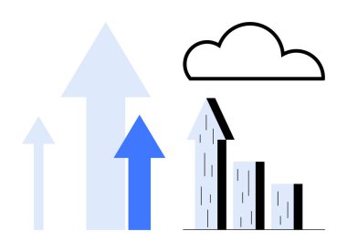 Dikey çizelgenin yanındaki yukarı doğru oklar bulut simgesinin altında. Ticari büyüme, yenilik, strateji, ilerleme, veri analizi, başarı ve teknoloji için idealdir. Basit bir iniş sayfası için mükemmel.