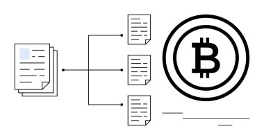 Doğrulanmış dosyalara bağlı belge yığınları ve bir Bitcoin simgesi, blok zinciri doğrulamasını ve kripto para ödemelerini sembolize ediyor. Finans, teknoloji, engelleme zinciri, kripto para birimi, dijital için ideal