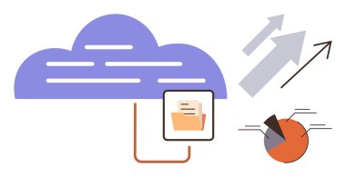 Bağlı klasörü, pasta grafiği ve okları olan bulut veri depolama, dosya paylaşımı, ağ oluşturma ve analitiği gösteriyor. Teknoloji, iş ve büyüme analizi için ideal yenilik performansı basit