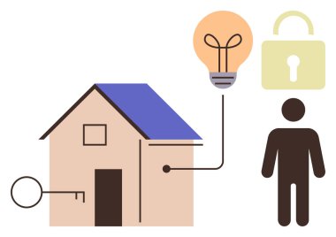 Anahtar girişi, bağlı ampul, asma kilit ve akıllı ev yeniliğini, enerji verimliliğini, güvenli yaşam, otomasyon, dijital anahtarlar, IoT sistemlerinin basit düz metaforunu sembolize eden kişi.