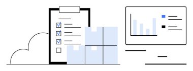 Görevleri tamamlandı, kutular istiflendi, bulutlar toplandı ve analitik görüntüleme monitörleri görüntülendi. Lojistik, proje izleme, verimlilik, depo optimizasyonu, veri odaklı teknolojik çözümler için ideal