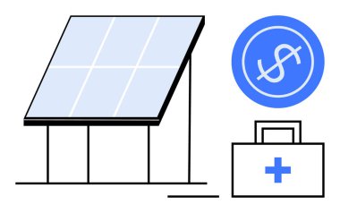 Güneş paneli yapısı, çapraz tıbbi malzeme, daire şeklinde dolar işareti. Yenilenebilir enerji, sağlık, tasarruf, sürdürülebilirlik, yenilikçi yeşil ekonomi verimliliği için idealdir. Basit düz metafor
