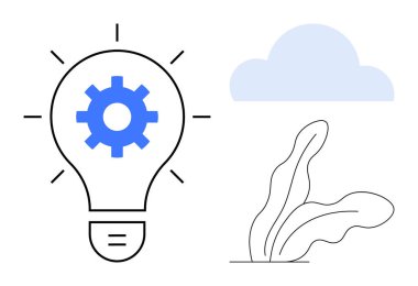 İçinde teçhizat olan ampul ve yayılan çizgiler, minimalist bulut ve yapraklı bitki. Yenilik, teknoloji, yaratıcılık, sürdürülebilirlik, problem çözme, çevre dostu kavramlar için ideal