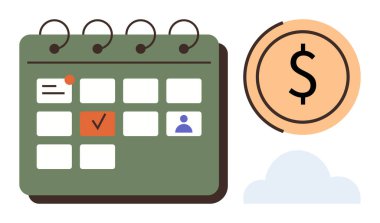 Olaylarla dolu takvim, dolar parası ve bulut şekli görev takvimini, ödeme tarihlerini ve finansal planlamayı sembolize ediyor. Zaman yönetimi, bütçe oluşturma, üretkenlik ve hedef planlama için ideal