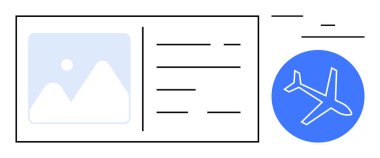 Manzara resmi, metin bölümleri ve uçak ikonu içeren uçuş bileti tasarımı. Seyahat uygulamaları, rezervasyon sistemleri, havayolu web siteleri, gezi planlama, turizm düzeni, küresel navigasyon için ideal