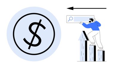 Çemberde dolar işareti, yukarı doğru tırmanan adam arama çubuğu tutuyor. Finans, iş analizi, yatırım, büyüme stratejisi, hedef belirleme, pazarlama, basit düz metafor