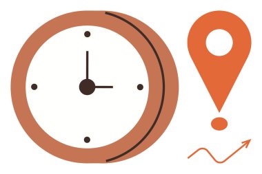 Cesur saatlere sahip saat, harita iğnesi ve yukarı doğru ok verimliliği, dakikliği ve hedef başarısını gösteriyor. Planlama, konum izleme, zaman yönetimi, ilerleme verimliliği zamanlaması için ideal