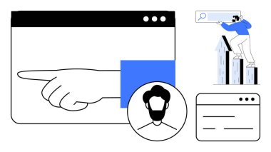 Ekranı işaret eden, kullanıcı avatarı, büyüme arayan kişi. Teknoloji, kullanıcı deneyimi, veri, ilerleme, iş stratejisi, liderlik için ideal minimum düz metafor