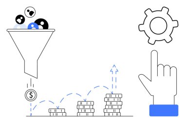 Huni işleme maddi kazanca, gelir artışını temsil eden madeni para yığını büyümesine otomasyonu temsil eden vitese ve elementlerle etkileşime giren bir ele yol açar. İş, satış ve pazarlama için ideal