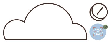 Hedef çemberinde göz sembolü olan büyük bulut çizgisi ve kontrol işareti, disk simgesi. Teknoloji, veri, güvenlik, bulut mimarisi, uyum, mahremiyet, basitleştirilmiş süreç için ideal düz metafor