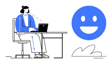 Masadaki kadın dizüstü bilgisayarda çalışırken büyük, gülen bir yüz olarak geri bildirim alıyor. Üretkenlik, iletişim, teknoloji, uzaktan çalışma, pozitiflik, kullanıcı deneyimi, basit iniş için ideal