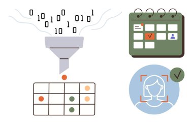 Yapılandırılmış şebekelere huni işleme verileri, görevli takvim ve yüz tanıma kontrolü. Veri yönetimi, makine öğrenimi, yapay zeka, otomasyon, görev izleme, programlama için ideal