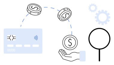Kredi kartı, madeni paralar, el, büyüteç ve ödeme, mali yönetim ve e-ticareti temsil eden vites simgesi. Bankacılık için ideal, fintech analiz ticari muhasebe yeniliği basit düz