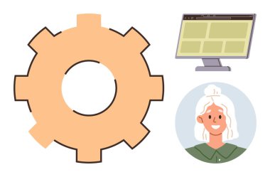 Gösterge panelini gösteren bir bilgisayar monitörünün ve daire içinde gülümseyen bir kadının yanında geniş dişli sembolize etme işlemi. Takım çalışması, teknoloji, iş akışı, yönetim, işletim, yenilik için ideal basit bir daire