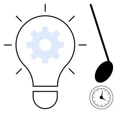 İç donanımlı ampul, sallanan sarkaç ve saat yaratıcılığı, ilerlemeyi, zaman yönetimini ve verimliliği sembolize eder. Yenilik, üretkenlik, teknoloji zaman fikirleri için ideal