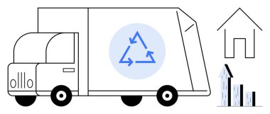 Evrensel geri dönüşüm sembollü geri dönüşüm kamyonu, iki ev ve bar çizelgesi. Sürdürülebilirlik, atık yönetimi, kentsel planlama, geri dönüşüm bilinci, çevre koruma, yeşil