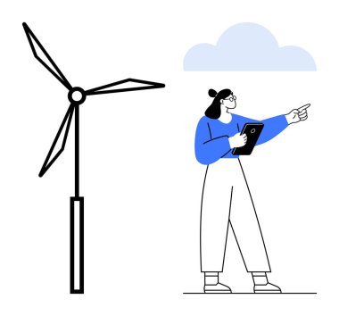 Bulutun altında rüzgar türbinine doğru hareket ederken tablet kullanan bir kadın çevre dostu teknolojiyi sembolize ediyor. Sürdürülebilirlik, temiz enerji, teknoloji, yenilik, çevre ve eğitim için ideal