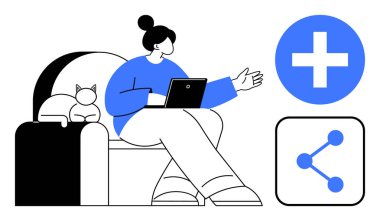 Kanepede dizüstü bilgisayarı olan bir kadın, yanında dinlenen bir kedi, mavi artı ve yakınlarda ikonları paylaşıyor. Takım çalışması, üretkenlik, çevrimiçi işbirliği, eğitim, bağlantı, uygulamalar için ideal
