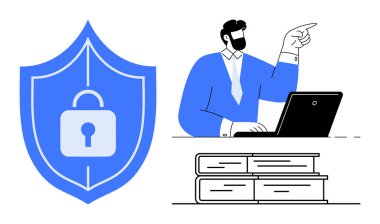 Dizüstü bilgisayarda çalışan, veriye bakan, kalkanı kilitli, eğitici kitapları olan bir adam. Siber güvenlik, veri koruması, bilişim öğrenimi, İnternet güvenliği, bilgi paylaşımı için ideal online eğitim