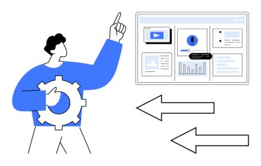 Analitik gösterge paneline çizelgeler, uyarılar ve videolarla bakan kişi. Süreç yönetimi, veri analizi, optimizasyon, iş akışı, teknoloji, strateji için ideal basit düz metafor