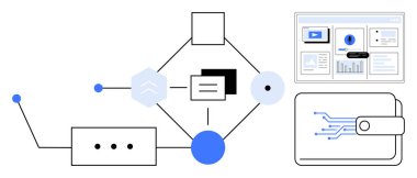 Cüzdan, düğümler ve veri panelini bağlayan ağ diyagramı, engelleme zincirini, kripto para birimini ve güvenli işlemleri sembolize eder. Finans, ademi merkeziyet, teknolojik yenilik güvenliği için ideal