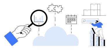 El ele tutuşan büyüteç bulut verilerini, bulmaca parçalarını, takvimi, kutuları ve insan aramasını inceliyor. Veri analizi, planlama, tedarik zinciri, teknoloji arama ekibi çalışması için ideal basit düz