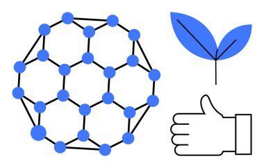 Mavi düğümlü moleküler ağ, yeşil filizlenen yaprak ve baş parmak ikonu. Bilim, çevre, biyoloji, araştırma, yenilik, onay ve basit iniş sayfası için ideal