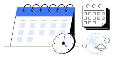 Spiral takvim, saati gösteren saat, katmanlı takvim sayfaları ve gezegen simgeleri. Zaman yönetimi, programlama, küresel planlama, teslim tarihleri, üretkenlik organizasyonu iş hedefleri için ideal