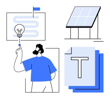 Ampul fikrini gösteren adam, yenilenebilir enerjiyi gösteren güneş paneli, üretkenlik ve organizasyon için belgeler. Yenilik, sürdürülebilirlik, eğitim, iş, planlama için ideal