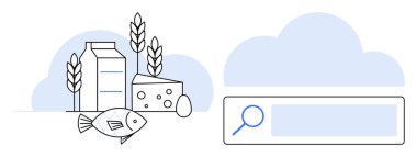 Süt kutusu, balık, peynir, yumurta, buğday ve mavi bulutlu arama barı. Tarım, gıda endüstrisi, beslenme sürdürülebilir tarım sağlıklı beslenme çevrimiçi diyet için ideal basit iniş sayfası