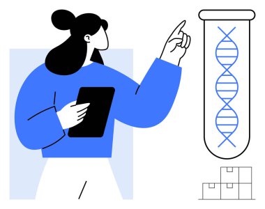 Tablet tutan kadın, test tüpünün içindeki çift sarmalı işaret ediyor. Biyoteknoloji, genetik, araştırma, yenilik, analiz, bilim eğitimi laboratuarı çalışmaları için ideal. Basit düz metafor