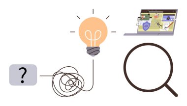 Soru işareti, ampul, büyüteç ve fikir üretimini, araştırmayı ve berraklığı gösteren dizüstü bilgisayar karışıklığı. Yenilik, yaratıcılık, keşif analizi için ideal.