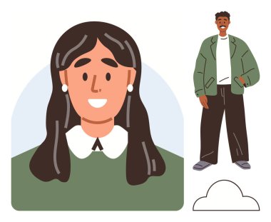 Siyah saçlı, yakalı, neşeli bir kadın yeşil ceketli ve pantolonlu sıradan, gülümseyen bir adamın yanında. Çeşitlilik, arkadaşlık, moda, bireysellik, pozitiflik, ilişkiler için ideal