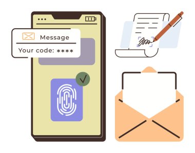 Mesaj gösteren akıllı telefon, parmak izi tarayıcısı, imzalı belge ve zarf. Güvenlik, gizlilik, kimlik doğrulama, e-posta koruması, dijital sözleşmeler için ideal Fintech basit