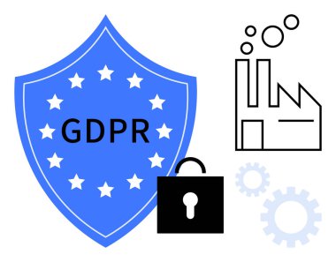 Mavi kalkan GDPR işaretli yıldızlar, endüstriyel fabrika ikonu, dişliler ve asma kilit. Veri gizliliği, teknoloji, siber güvenlik, üretim yönetmeliklerine uyma güvenlik sistemleri için idealdir. Basit düz